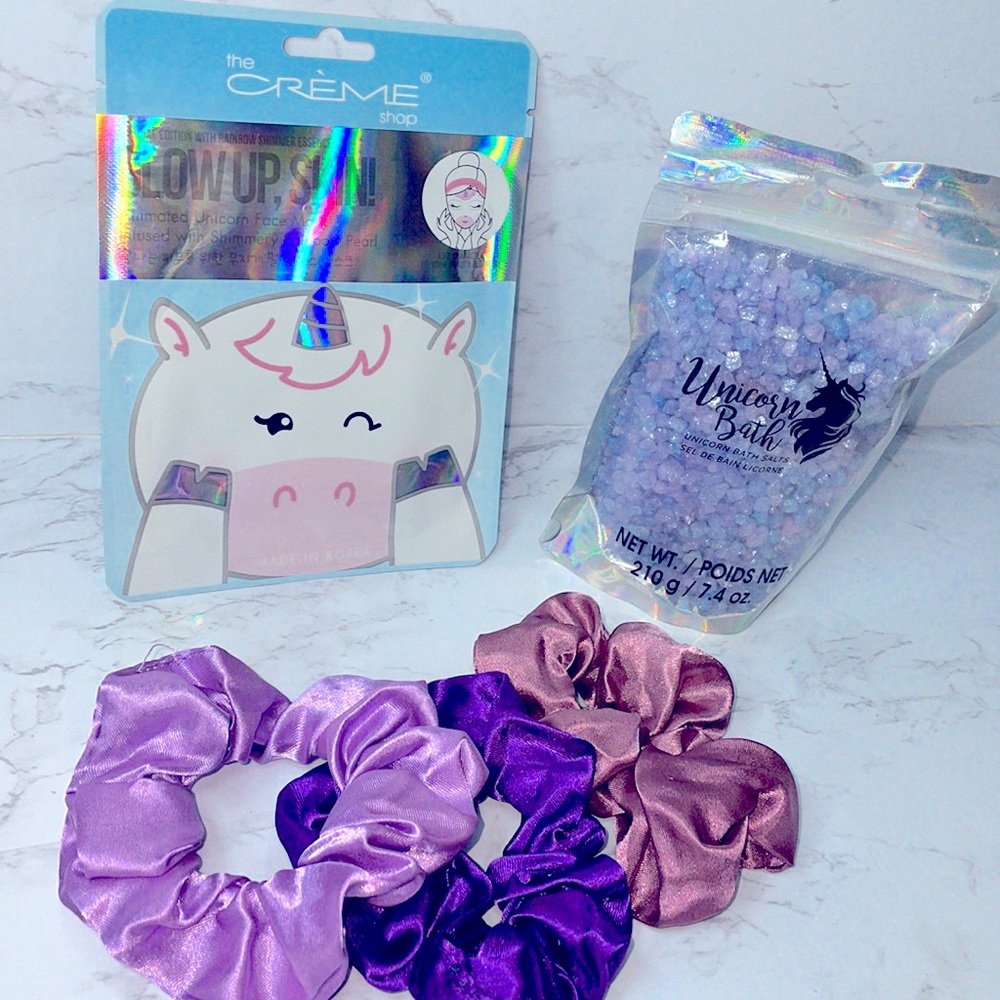 Violet themed unicorn bath salts, satiny hair scrunches and relaxing face mask.